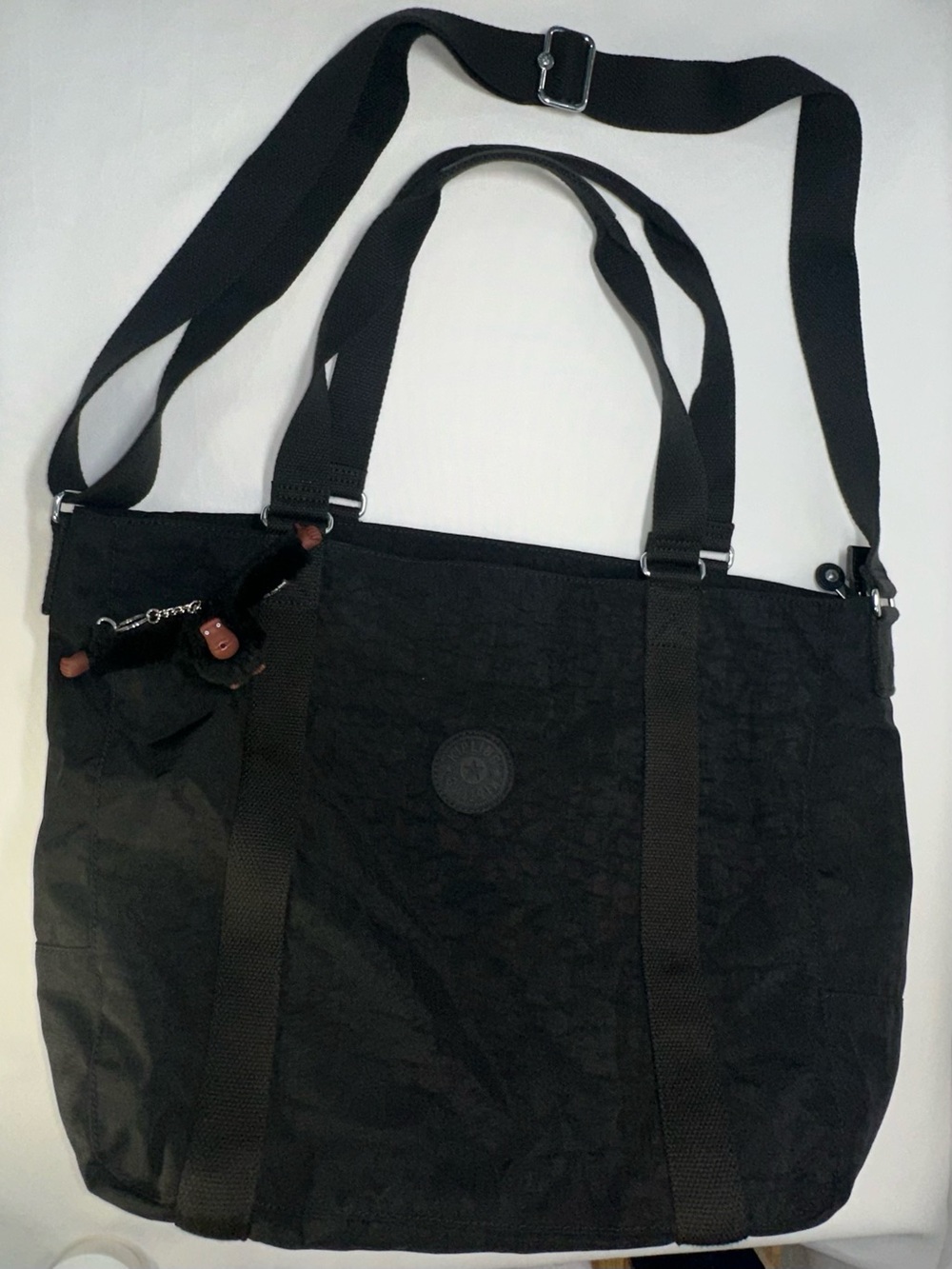 Kipling Asseni Medium Nylon Tote Bag Black Crossbody Shoulder Bag Monkey Charm